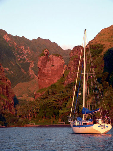 Moana at anchor in the Bay of Virgins, Fatu Hiva